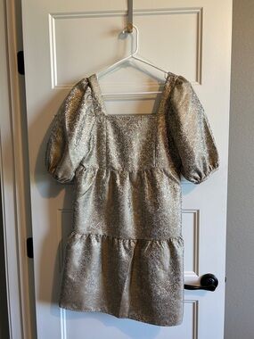 Versona Metallic Silver Puff-Sleeve Tiered Dress